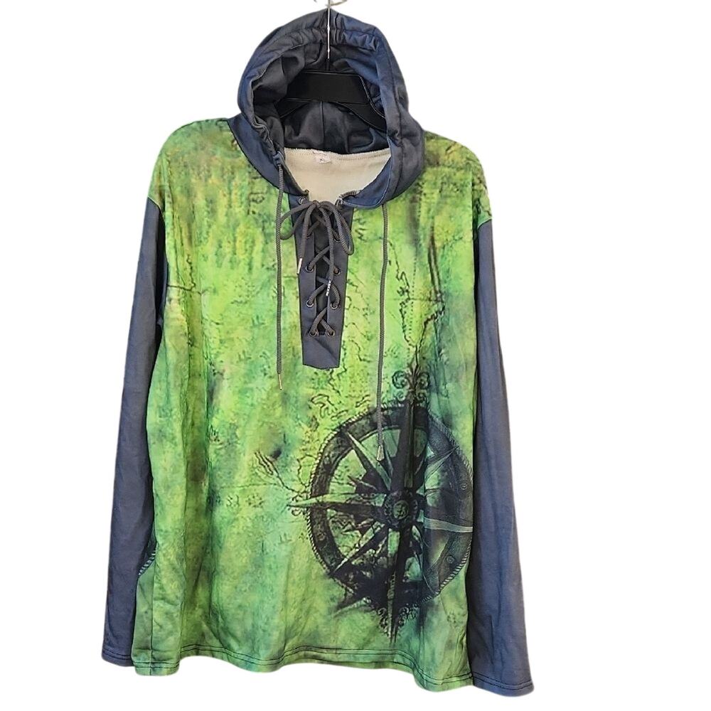 Green and Blue Men's XL nautical Hooded Shirt